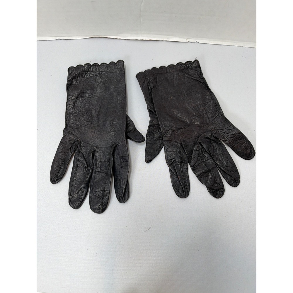 Aris Gloves Women 7.5 Black Vintage Real Kid Leather Scalloped Made In Germany